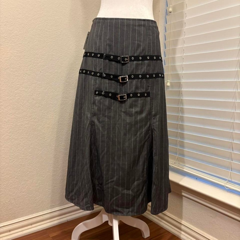 NWT $295 Miaou grey pinstripe midi skirt with black buckle detail Size L goth